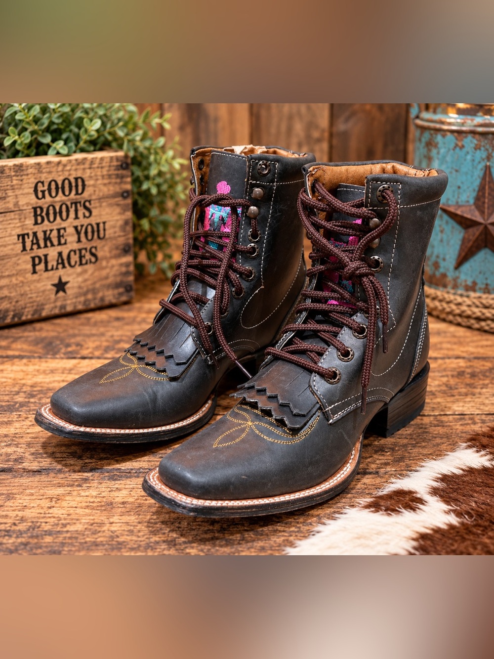 Tanner Mark Western Lace-Up Ankle Boots Black Leather. Worn look is intentional